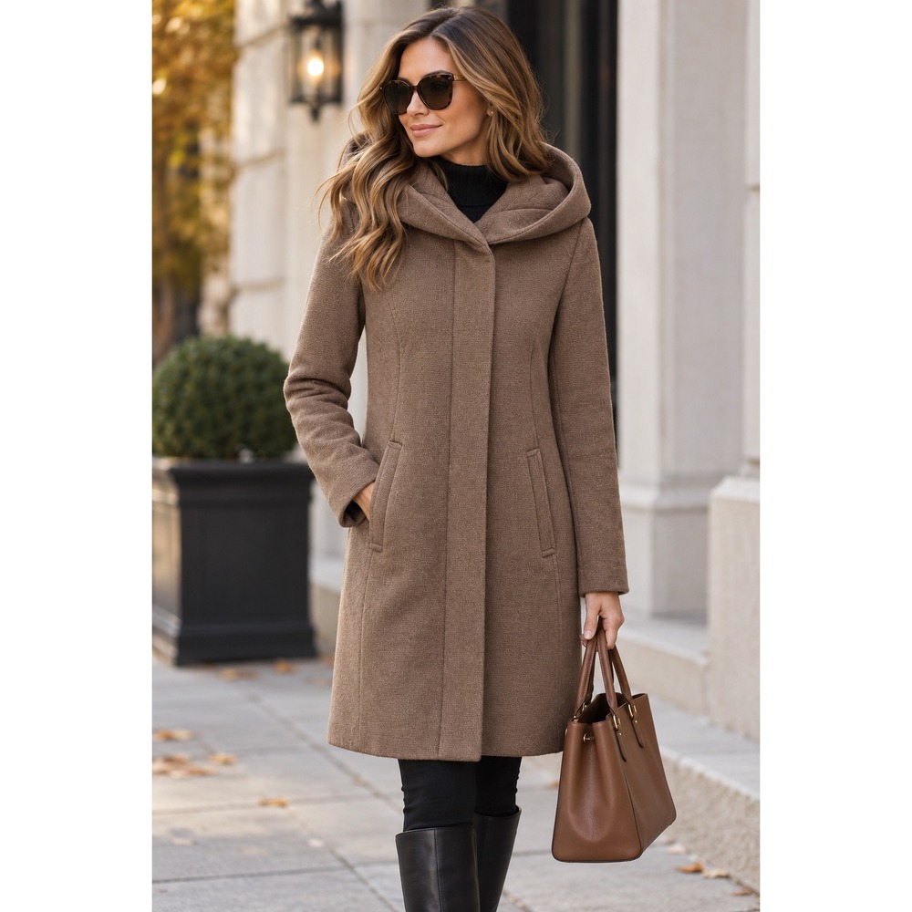 Cole Haan Signature Wool Blend Hooded Coat Size 6 Taupe Brown